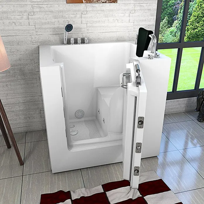 AcquaVapore Badewanne Fertigdusche S02WP-TH-B-R - 78 x 100 cm, Acryl, Weiß - Weiße barrierefreie Badewanne mit offener Tür, integriertem Sitz und Chromarmaturen in einem modernen Badezimmer.