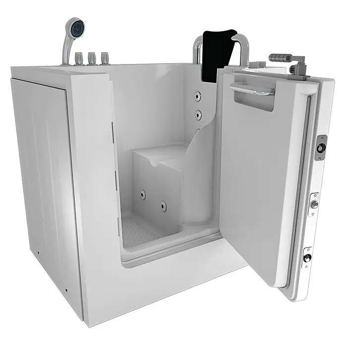 AcquaVapore Badewanne Fertigdusche S02WP-TH-B-R - 78 x 100 cm, Acryl, Weiß - Weiße barrierefreie Badewanne mit offener Tür, integriertem Sitz, Haltegriffen, Handbrause und Hydromassagedüsen für ein zugängliches Badeerlebnis.