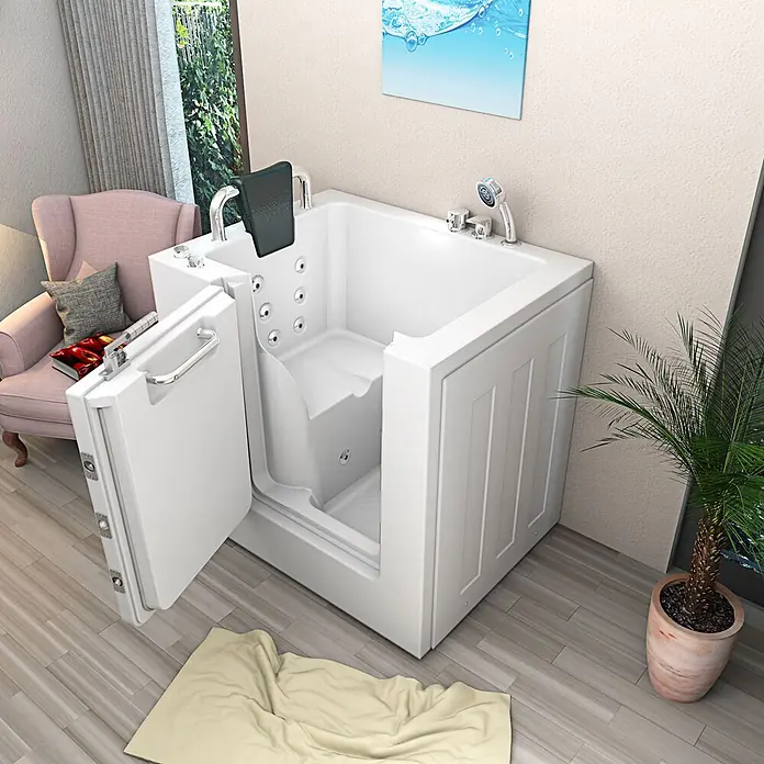 AcquaVapore Badewanne Fertigdusche S02WP-B-L - 100 x 78 cm, Acryl, Weiß - Weiße begehbare Badewanne mit offener Tür für einfachen Zugang, mit integriertem Sitz und Düsen, in Wohnumgebung.