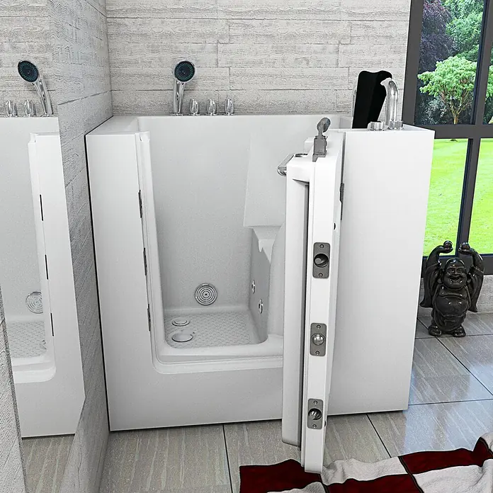 AcquaVapore Badewanne Fertigdusche S02WP-TH-A-R - 78 x 100 cm, Acryl, Weiß - Weiße begehbare Badewanne mit offener Seitentür, die den Innensitz, Abfluss, Düsen und die zugängliche Duschsteuerung zeigt.