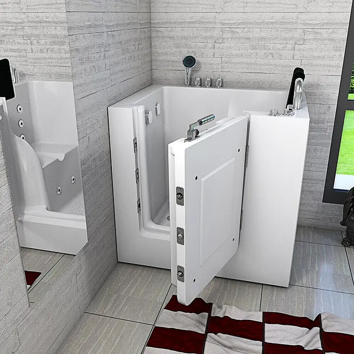 AcquaVapore Badewanne Fertigdusche S02WP-TH-A-R - 78 x 100 cm, Acryl, Weiß - Weiße barrierefreie Badewanne mit offener Tür, integriertem Sitz und Düsen, in einem modernen Badezimmer.
