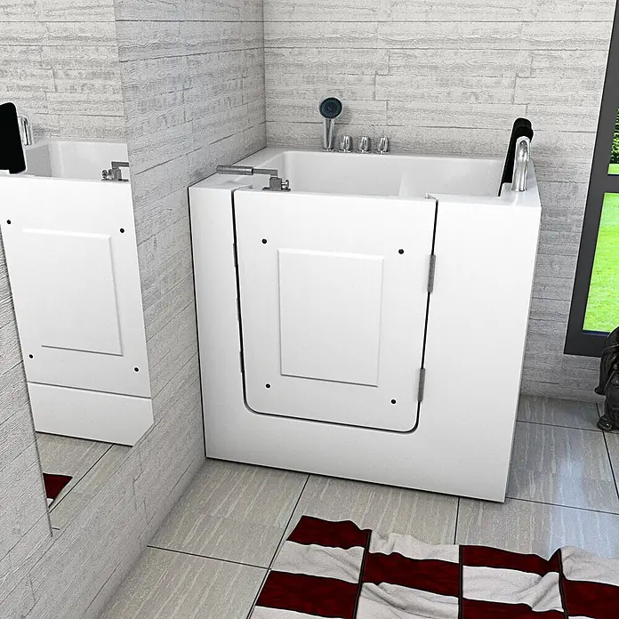 AcquaVapore Badewanne Fertigdusche S02WP-TH-A-R - 78 x 100 cm, Acryl, Weiß - Weiße barrierefreie Badewanne mit Seitentür, in einem modernen Badezimmer.