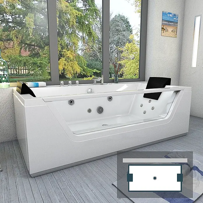AcquaVapore Badewanne Fertigdusche W83-TH-B - Acryl, Weiß - Weiße Whirlpool-Badewanne mit integrierten schwarzen Kopfstützen, ausgestattet mit Hydromassage-Düsen und Chromarmaturen.