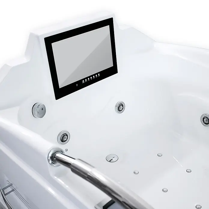 AcquaVapore Badewanne Fertigdusche T18TV-R-TH - Acryl, Weiß - Weiße Whirlpool-Badewanne mit integriertem Bildschirm, Bedienfeld und Chromdüsen.
