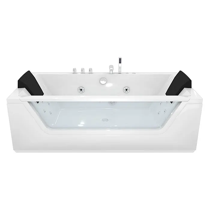 AcquaVapore Badewanne Fertigdusche W83-TH-B - Acryl, Weiß - Weißer Whirlpool mit schwarzen Kopfstützen, Chromarmaturen und Handbrause.