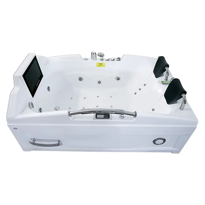AcquaVapore Badewanne Fertigdusche T18TV-R-TH - Acryl, Weiß - Weißer Whirlpool mit integriertem Fernseher, Chromarmaturen, Massagedüsen und schwarzen Kopfstützen für luxuriöses Baden.