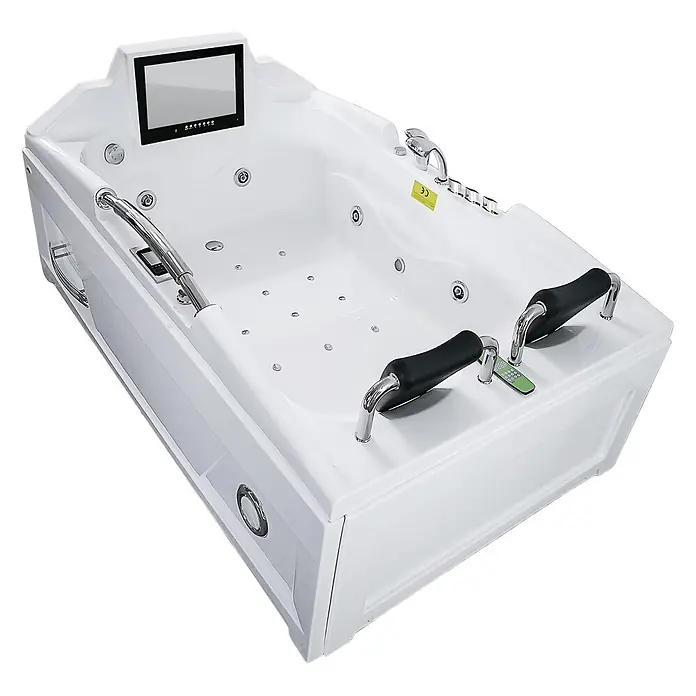 AcquaVapore Badewanne Fertigdusche T18TV-R-TH - Acryl, Weiß - Weißer Zweipersonen-Whirlpool mit integriertem Bildschirm, Massagedüsen, Chromarmaturen und schwarzen Kopfstützen.