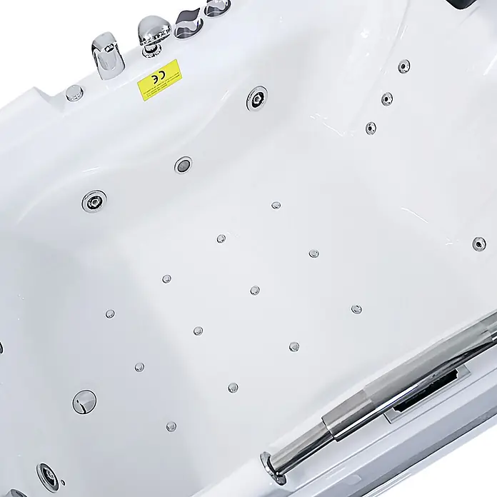 AcquaVapore Badewanne Fertigdusche T18TV-R-TH - Acryl, Weiß - Weiße Whirlpool-Badewanne mit Chromarmaturen, Reglern und zahlreichen Hydromassagedüsen an der Oberfläche und am Boden der Wanne.