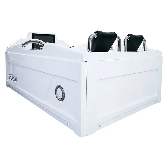 AcquaVapore Badewanne Fertigdusche T18TV-R-TH - Acryl, Weiß - Weiße Whirlpool-Badewanne mit schwarzen Kopfstützen und Chromgriffen, modernes Design.