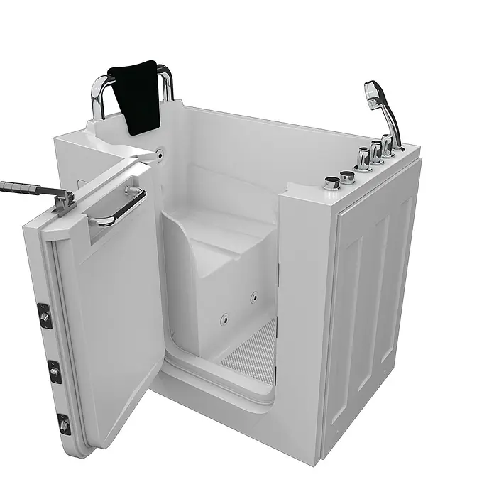 AcquaVapore Badewanne Fertigdusche S08WP-TH-B-L - 110 x 68 cm, Acryl, Weiß - Weiße Badewanne mit offener Tür, Sitz, Chromarmaturen, Haltegriff und Handbrause.