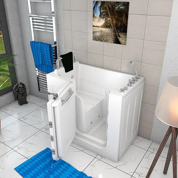 AcquaVapore Badewanne Fertigdusche S08WP-TH-B-L - 110 x 68 cm, Acryl, Weiß - Weiße barrierefreie Badewanne mit offener Tür, integriertem Sitz und Chromarmaturen, für einfachen Zugang in einem modernen Bad.