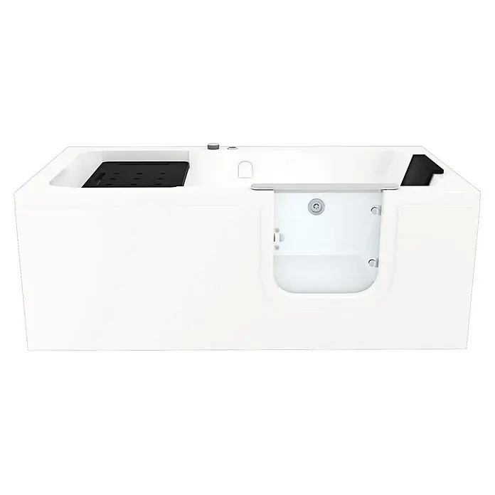AcquaVapore Badewanne Fertigdusche S15WP-R - 150 x 75 cm, Acryl, Weiß - Weiße Walk-in-Badewanne mit transparenter Tür, schwarzem Sitz und Kopfstütze für barrierefreies Baden.