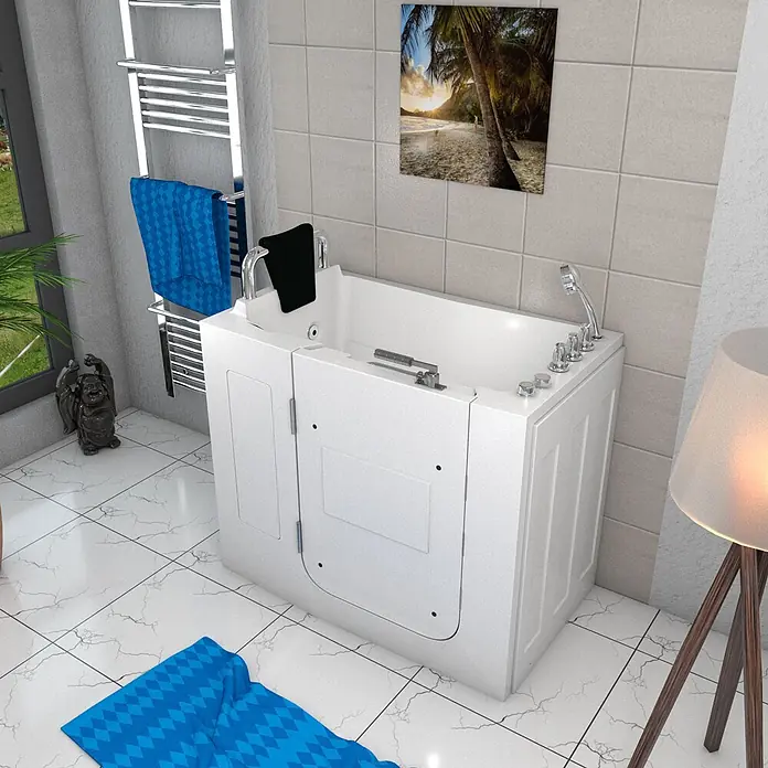 AcquaVapore Badewanne Fertigdusche S08WP-TH-B-L - 110 x 68 cm, Acryl, Weiß - Weiße begehbare Badewanne mit integrierter Tür und Dusche für einfachen Zugang in einem modernen Badezimmer.