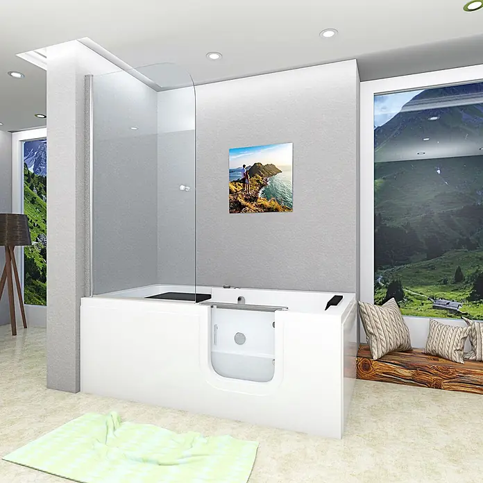 AcquaVapore Badewanne Fertigdusche S15D-WP-R-EC - 150 x 75 cm, Acryl, Weiß - Weiße, barrierefreie Einstiegswanne mit integrierter Glasduschwand, in einem modernen Bad.