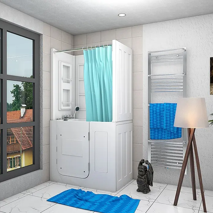AcquaVapore Badewanne Fertigdusche S08D-WP-TH-A-R - Acryl, Weiß - Weiße begehbare Badewanne mit türkisfarbenem Duschvorhang in einem Badezimmer.