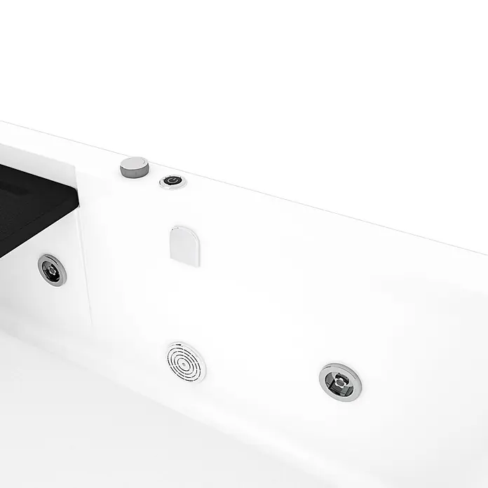 AcquaVapore Badewanne Fertigdusche S15D-WP-R-EC - 150 x 75 cm, Acryl, Weiß - Weiße Badewanne mit Chromarmaturen und Düsen sowie einem schwarzen Sitzbereich.