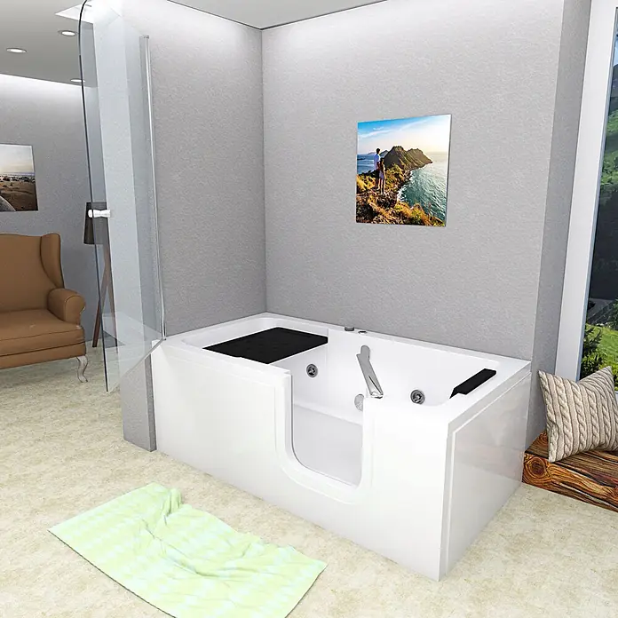AcquaVapore Badewanne Fertigdusche S15D-WP-R-EC - 150 x 75 cm, Acryl, Weiß - Weiße barrierefreie Badewanne mit seitlicher Einstiegstür und Sitz in einem modernen Badezimmerambiente mit Teppichboden.