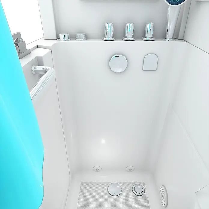 AcquaVapore Badewanne Fertigdusche S08D-WP-TH-A-R - Acryl, Weiß - Weißer Dusch-/Wanneninnenraum, Chromarmaturen, Hydro-Düsen, blauer Vorhang.