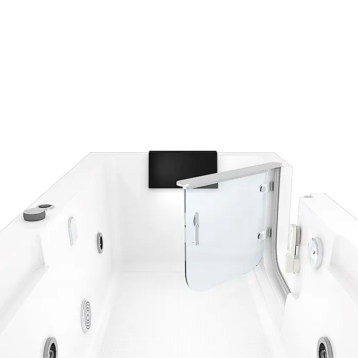 AcquaVapore Badewanne Fertigdusche S15D-WP-R-EC - 150 x 75 cm, Acryl, Weiß - Weiße barrierefreie Badewanne mit Glastür und schwarzer Kopfstütze für bequemes Baden.