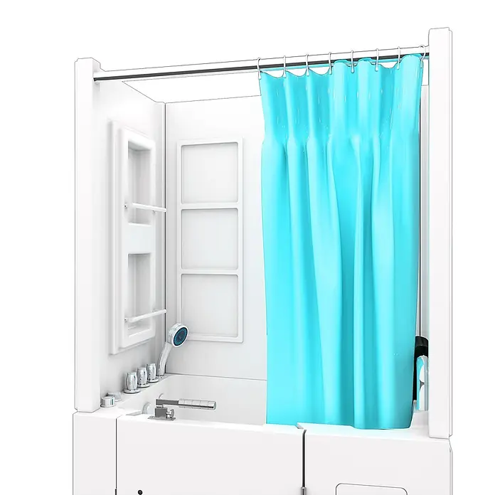 AcquaVapore Badewanne Fertigdusche S08D-WP-TH-A-R - Acryl, Weiß - Weiße modulare Dusch-Badewannen-Kombination mit hellblauem Vorhang und Chromarmaturen.