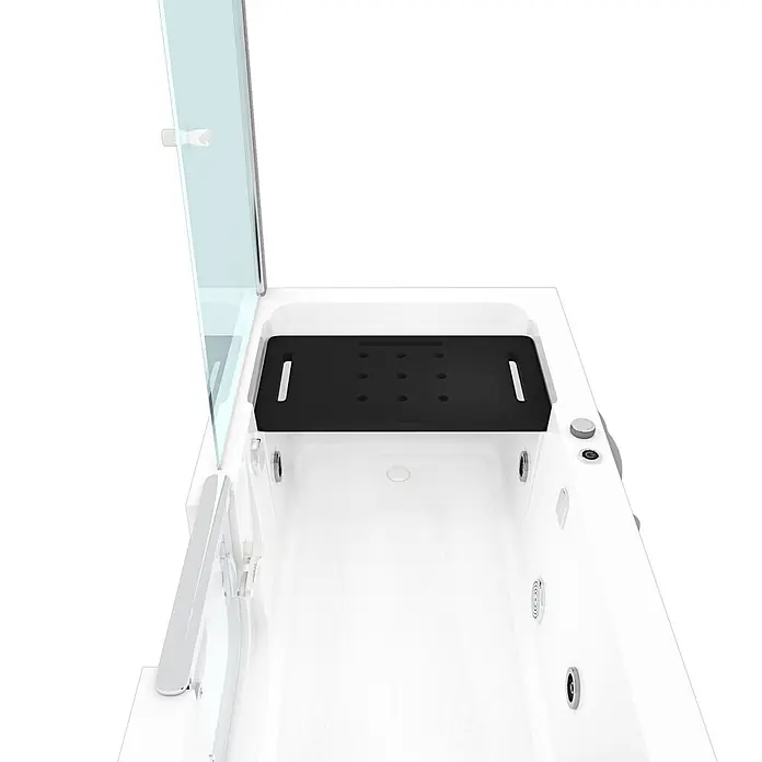 AcquaVapore Badewanne Fertigdusche S15D-WP-R-EC - 150 x 75 cm, Acryl, Weiß - Weiße begehbare Badewanne mit Duschabtrennung aus Glas und schwarzem, perforiertem Badesitz.