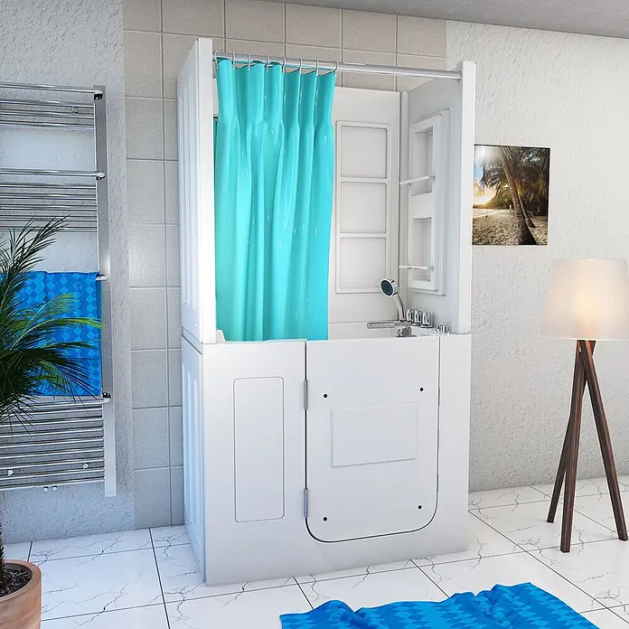 AcquaVapore Badewanne Fertigdusche S08D-WP-TH-B-L - 110 x 68 cm, Acryl, Weiß - Weiße barrierefreie Badewanne mit türkisfarbenem Duschvorhang in einem modernen Badezimmer.