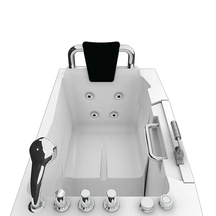 AcquaVapore Badewanne Fertigdusche S08WP-TH-B-R - 110 x 68 cm, Acryl, Weiß - Weiße Einstiegswanne mit schwarzer Kopfstütze, Chromhaltegriffen, Brauseschlauch, Massagedüsen und Bedienknöpfen.