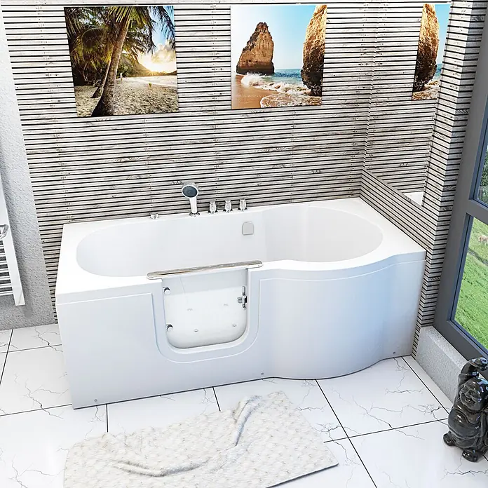 AcquaVapore Badewanne Fertigdusche S12-TH-AIR-L - 170 x 85 cm, Acryl, Weiß - Weiße begehbare Badewanne mit integrierter Tür in einem modernen Badezimmer.