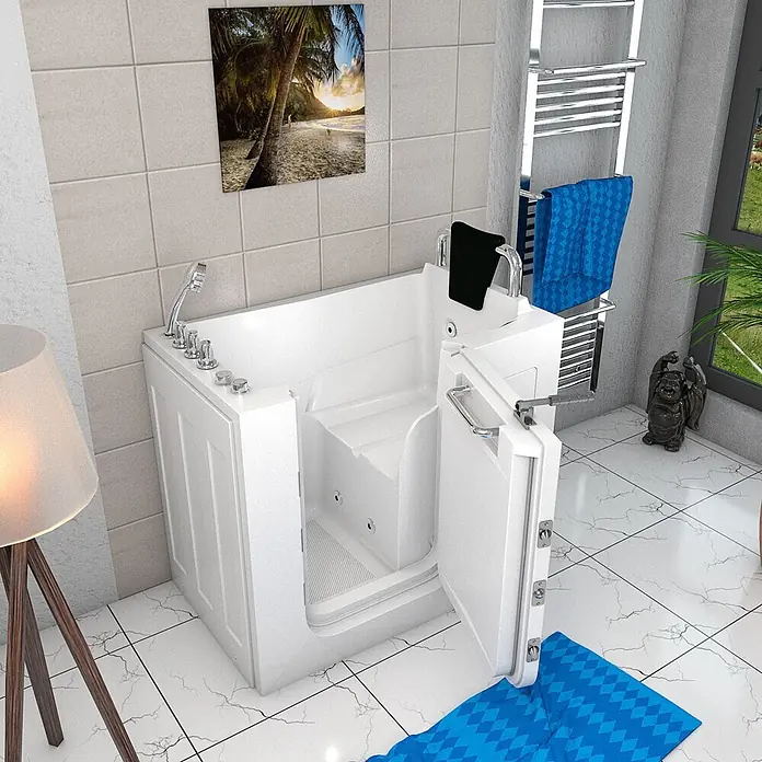 AcquaVapore Badewanne Fertigdusche S08WP-TH-B-R - 110 x 68 cm, Acryl, Weiß - Weiße begehbare Badewanne mit offener Tür und integriertem Sitz in einem modernen Badezimmer.