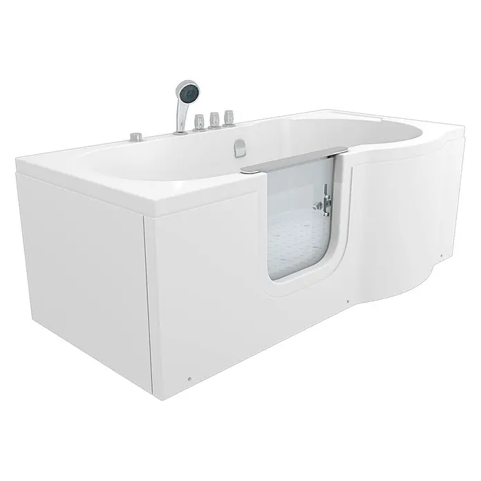 AcquaVapore Badewanne Fertigdusche S12-TH-AIR-L - 170 x 85 cm, Acryl, Weiß - Weiße barrierefreie Badewanne mit Glaseinstieg, Handbrause und Chromarmaturen.
