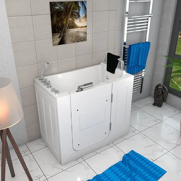 AcquaVapore Badewanne Fertigdusche S08WP-TH-B-R - 110 x 68 cm, Acryl, Weiß - Weiße Walk-in-Badewanne mit leicht zugänglicher Tür in einem modernen Badezimmer, für sicheres und barrierefreies Baden.