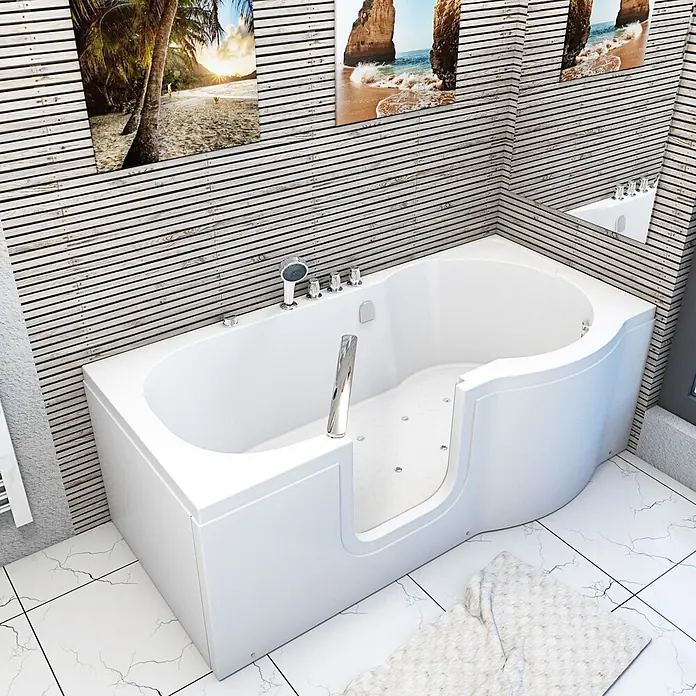 AcquaVapore Badewanne Fertigdusche S12-TH-AIR-L - 170 x 85 cm, Acryl, Weiß - Weiße begehbare Badewanne mit Chromarmaturen und Düsen in einem modernen Badezimmer.