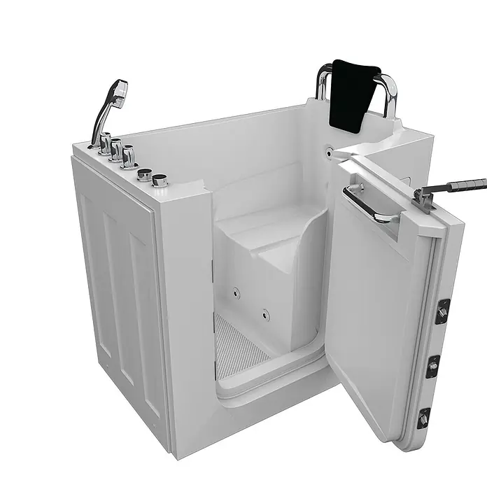 AcquaVapore Badewanne Fertigdusche S08WP-TH-B-R - 110 x 68 cm, Acryl, Weiß - Weiße barrierefreie Badewanne mit offener Seitentür, integriertem Sitz, Chromarmaturen, Handbrause und schwarzem Handtuch am Haltegriff.