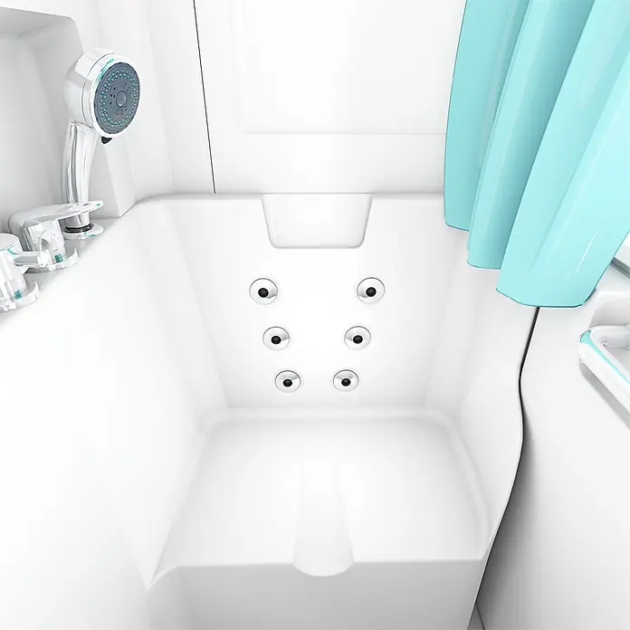 AcquaVapore Badewanne Fertigdusche S02D-WP-C-R - 100 x 78 cm, Acryl, Weiß - Weiße barrierefreie Badewanne mit blauen Akzenten, Handbrause und sechs Hydromassagedüsen.
