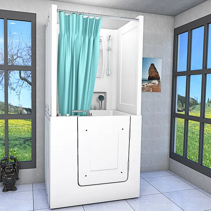 AcquaVapore Badewanne Fertigdusche S02D-WP-TH-B-R - 100 x 78 cm, Acryl, Weiß - Weiße barrierefreie Badewanne mit integrierter Dusche und hellblauem Duschvorhang in einem hellen Badezimmer mit großen Fenstern.