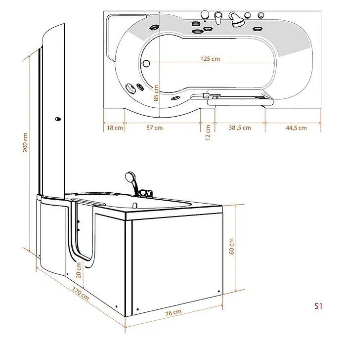 AcquaVapore Badewanne Fertigdusche S12D-EH-AIR-R - Acryl, Weiß - Barrierefreie Badewanne mit integrierter Duschwand und Sitz, detailliert bemaßt.