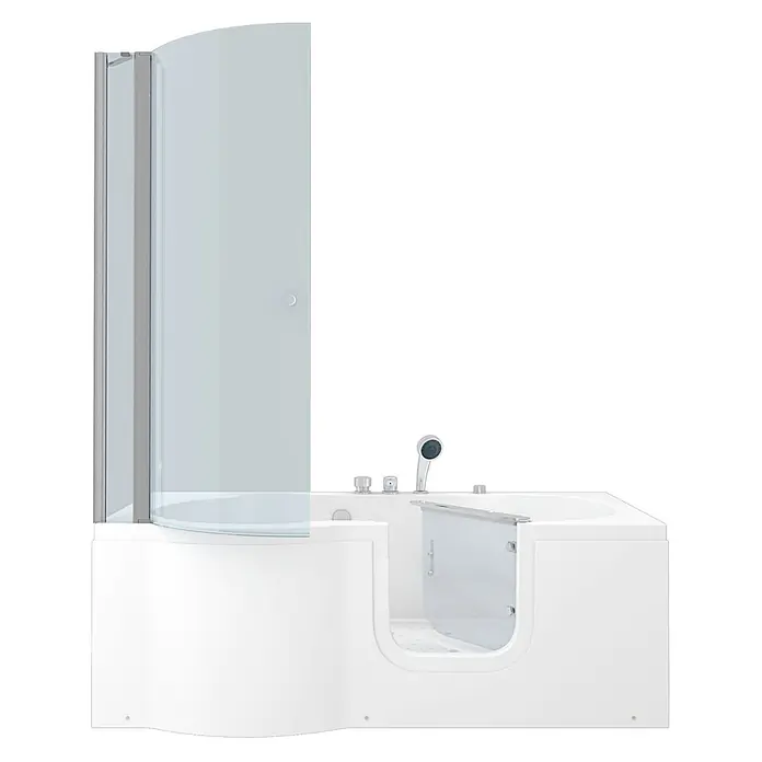 AcquaVapore Badewanne Fertigdusche S12D-EH-AIR-R - Acryl, Weiß - Weiße begehbare Badewanne mit Duschabtrennung aus Klarglas und tiefliegender Einstiegstür.