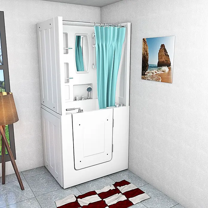 AcquaVapore Badewanne Fertigdusche S02D-WP-C-L - 100 x 78 cm, Acryl, Weiß - Weiße barrierefreie Dusch- und Badewannenkombination in einem Badezimmer, mit einem türkisfarbenen Duschvorhang.