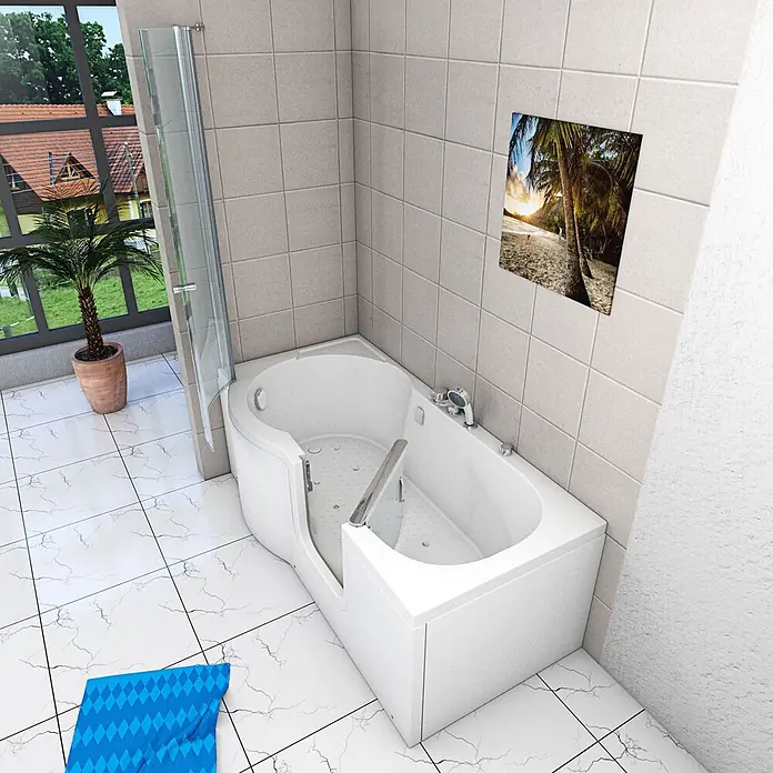 AcquaVapore Badewanne Fertigdusche S12D-EH-AIR-R - Acryl, Weiß - Weiße begehbare Badewanne mit integrierter Duschwand, die einfachen Zugang in einem gefliesten Badezimmer bietet.