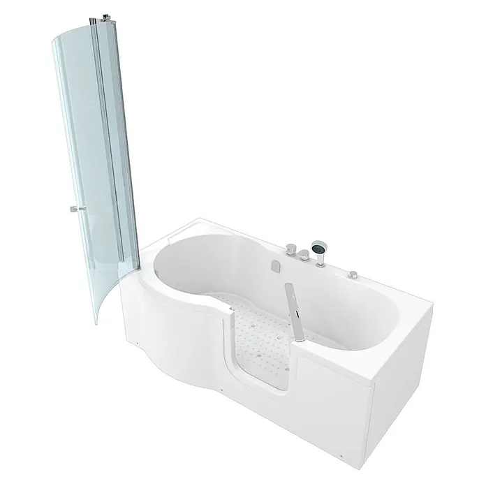 AcquaVapore Badewanne Fertigdusche S12D-EH-AIR-R - Acryl, Weiß - Weiße Badewanne mit Einstiegstür, klarer Glasduschwand, Chromarmaturen und rutschfestem strukturiertem Boden.