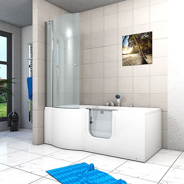 AcquaVapore Badewanne Fertigdusche S12D-EH-AIR-R - Acryl, Weiß - Weiße barrierefreie Badewanne mit integrierter Glasduschwand und zugänglicher Seitentür, in einem modernen Badezimmer mit blauer Badematte.