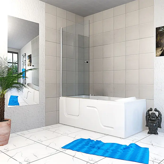 AcquaVapore Badewanne Fertigdusche S17D-WP-R - 75 x 150 cm, Acryl, Weiß - Weiße Badewanne mit integrierter Duschwand aus Glas in einem modernen Badezimmer.