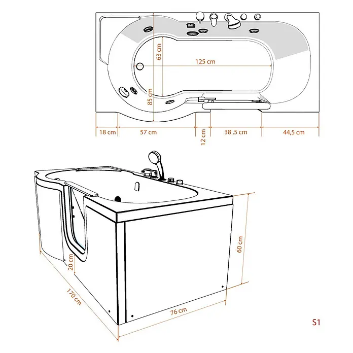 AcquaVapore Badewanne Fertigdusche S12-EH-AIR-R - Acryl, Weiß - Weiße begehbare Badewanne mit integriertem Sitz und Düsen, zeigt Gesamt- und Detailmaße für Barrierefreiheit.