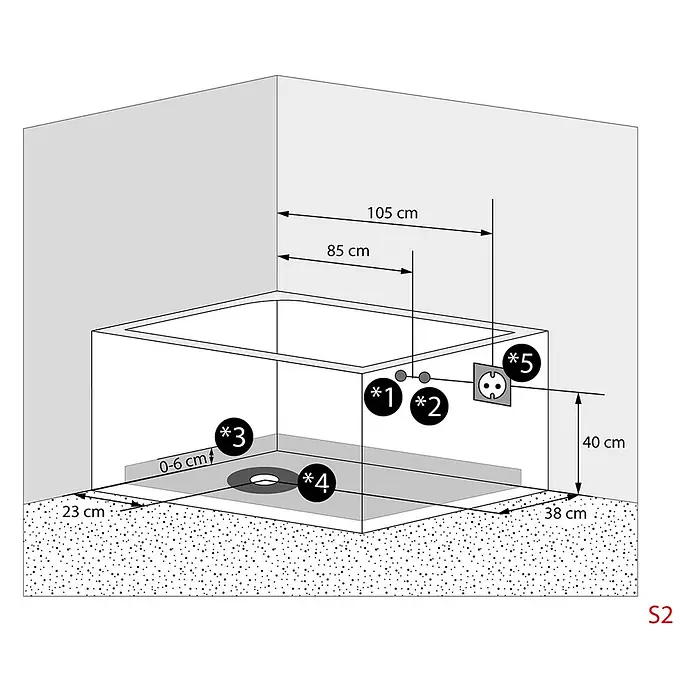 AcquaVapore Badewanne Fertigdusche S12-EH-AIR-R - Acryl, Weiß - Installationsdiagramm einer Duschwanne mit Abmessungen, Wasseranschlüssen, Abfluss und Steckdose.