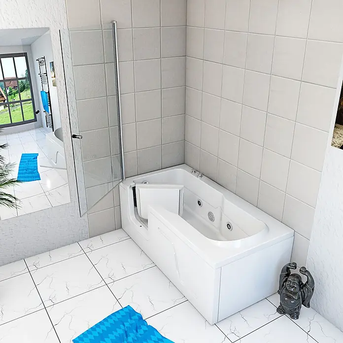 AcquaVapore Badewanne Fertigdusche S17D-WP-R - 75 x 150 cm, Acryl, Weiß - Weisse begehbare Badewanne mit integrierter Tür und Massagedüsen, neben Duschwand in modernem Badezimmer.