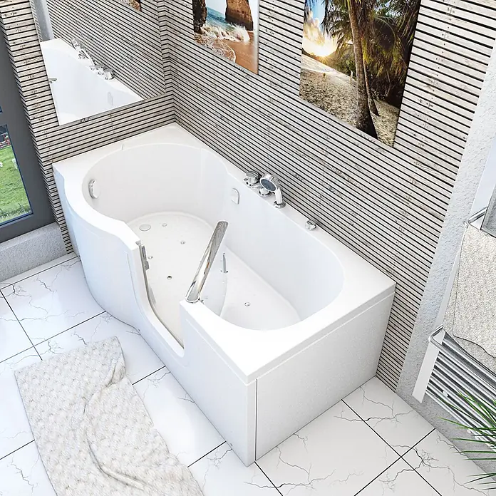 AcquaVapore Badewanne Fertigdusche S12-EH-AIR-R - Acryl, Weiß - Weiße Einstiegswanne mit integrierter Tür, Chrom-Handbrause und Haltegriff in einem modernen Bad.