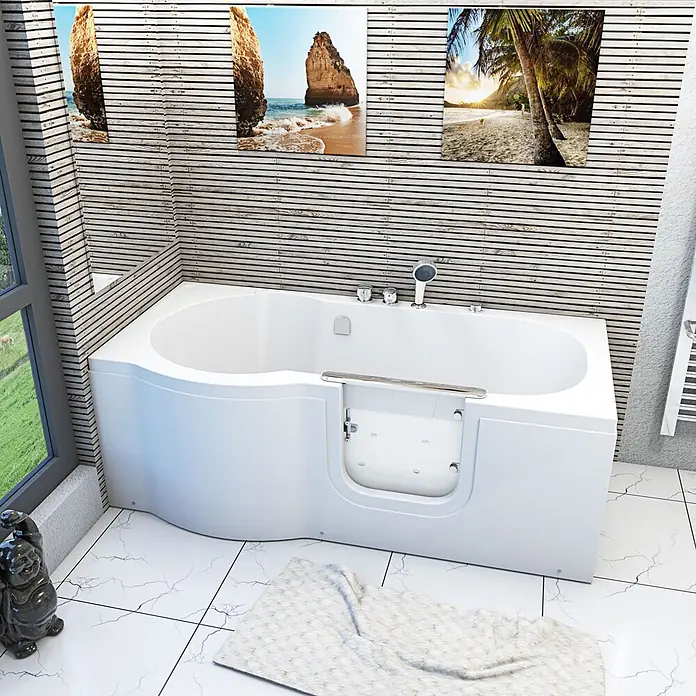 AcquaVapore Badewanne Fertigdusche S12-EH-AIR-R - Acryl, Weiß - Eine weiße begehbare Badewanne mit integrierter Duscharmatur in einem modernen Badezimmer.