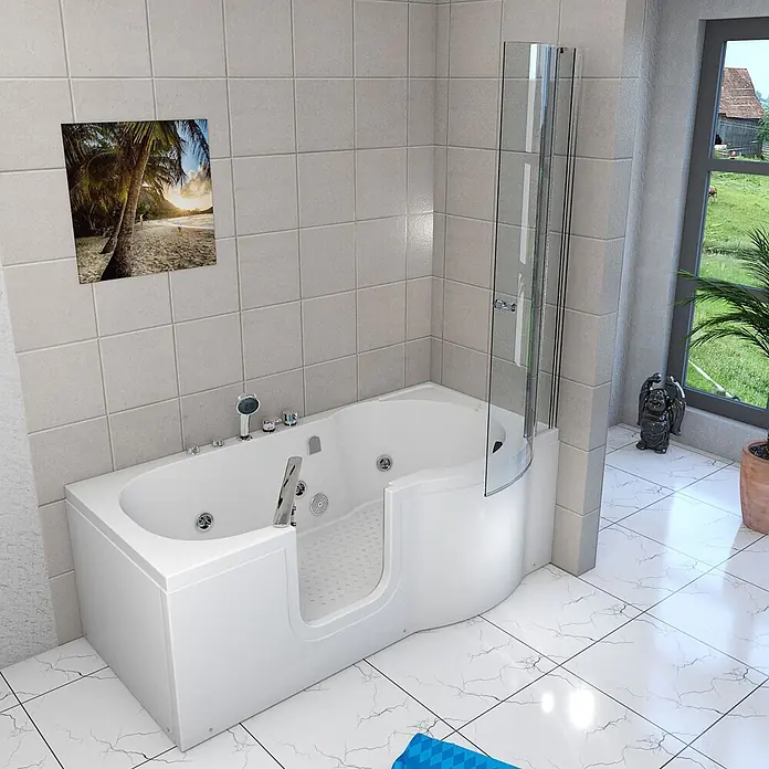 AcquaVapore Badewanne Fertigdusche S12D-EH-WP-L - Acryl, Weiß - Weiße Badewanne mit Einstiegstür und integrierter Duschwand aus Klarglas, in einem Badezimmer.