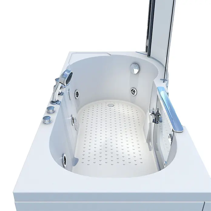 AcquaVapore Badewanne Fertigdusche S12D-EH-WP-L - Acryl, Weiß - Weiße Whirlpool-Badewanne mit Chromarmaturen, Handbrause, Massagedüsen und strukturiertem Antirutschboden. Mit Duschabtrennung und Haltegriff.