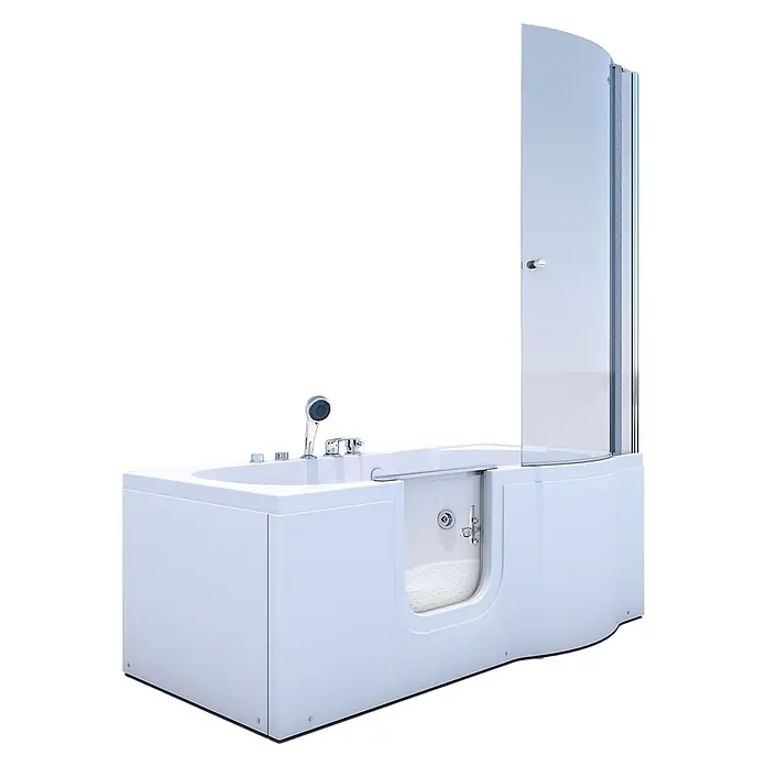 AcquaVapore Badewanne Fertigdusche S12D-EH-WP-L - Acryl, Weiß - Weiße begehbare Badewanne mit integrierter Duschwand, eingebautem Sitz und Chromarmaturen für barrierefreies Baden.